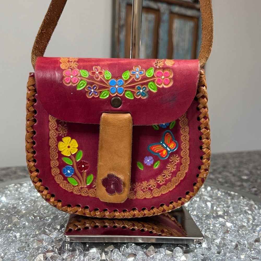 Vintage handmade Leather tooled boho Hand-Painted Floral structured Crossbody